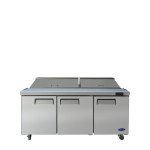 Atosa MSF8304GR 72 inch Wide, (3) Door(s) Refrigerated Standard Top Sandwich Prep Table, 21 Cu.ft, (3) Shelve(s), 1/5hp, 115v, Casters, ETL Listed