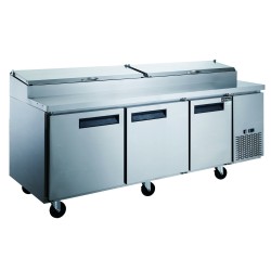 DUKERS DPP90-12-S3 90" WIDE (3) DOOR(S) REFRIGERATED PIZZA SANDWICH PREP TABLE, 24.89 CU.FT, (3) SHELVE(S), 1/2 HP, 115 V, CASTERS, ETL LISTED