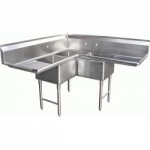 3-COMPARTMENT 18" x 18" BOWL CORNER SINK WITH RIGHT AND LEFT DRAIN BOARDS, STAINLESS STEEL, NSF LISTED
