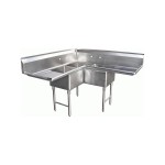 GSW SE18183C 3 TUBS CORNER STAINLESS STEEL SINK WITH LEFT & RIGHT DASH BOARDS, 18” x 18” x 12” BOWL, 57”-1/2” x 57-1/2” x 45” OA, NSF | ETL LISTED