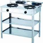 DOUBLE BURNER STOVE WITH STAND AND SHELVES, HOSE AND REGULATOR INCLUDED, LIQUID PROPANE (LP) GAS, STAINLESS STEEL