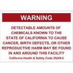 "WARNING DETECTABLE AMOUNT OF CHEMICALS KNOWN TO CALIFORNIA" STYRENE SIGN, 14" x 10", RED ON WHITE