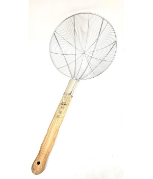 12.5 inch (32cm) Stainless Steel Round Skimmer with 16 inch Bamboo Handle, Spiral-Wire, 1 each