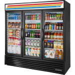 True GDM-69-HC-LD 78 inch wide (3) Sliding Glass Door(s) Bottom Mount Merchandiser Refrigerator, Black Exterior, 1/2hp, 115v, (12) Shelve(s), UL Listed