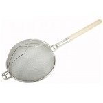 Winco MST-14D 14 inch Nickel-Plated Reinforced Double Mesh Round Strainer with Wooden Handle, 1 each