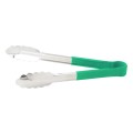 Winco UTPH-9G 9 inch Stainless Steel Utility Tong with Green Polypropylene Handle, 1 each