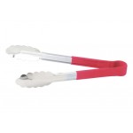 Winco UTPH-9R 9 inch Stainless Steel Utility Tong with Red Polypropylene Handle, 1 each